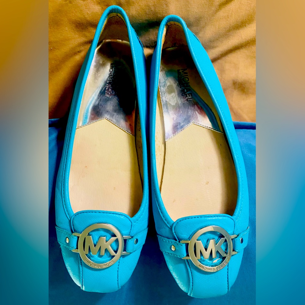 Michael Kors Aqua Blue Flats with Silver MK Logo